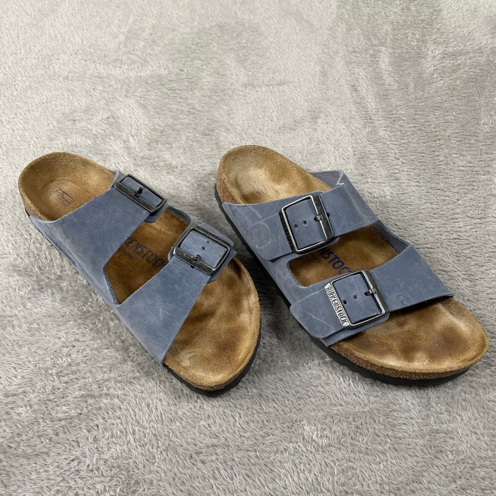Birkenstock Arizona Sandals Womens 7.5 Blue Nubuck Soft Footbed Leather Slides